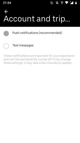 Stäng av push-meddelanden för konton och resedetaljer i Uber Android-appen.