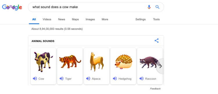 Google zoeken: Welk geluid maakt een koe?