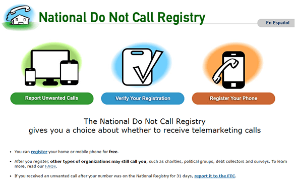 FTC National Не звоните в Реестр