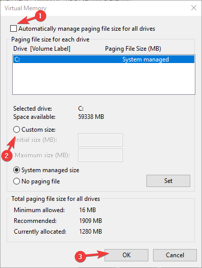 установить пользовательский размер файла подкачки для системного диска ssd ошибка управления памятью
