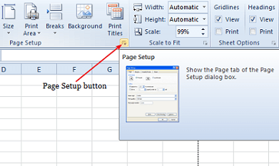 Кнопка настройки страницы выступает из краев электронной таблицы, а линии сетки не печатаются