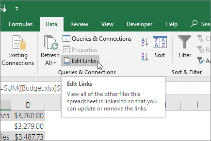Excel-filen för alternativet Redigera länkar bryter inte länkarna