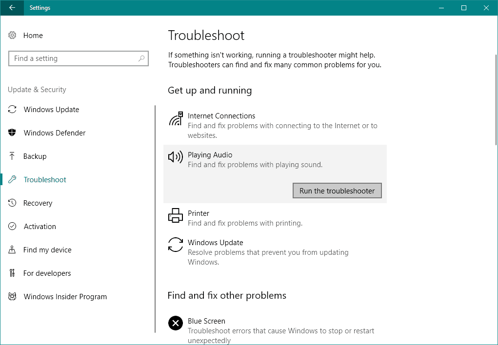 kör ljudfelsökaren Windows 10