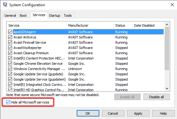Скрыть все службы Microsoft Windows Загрузка круга из 10 курсоров