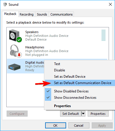 ditetapkan sebagai perangkat komunikasi default, audio USB tidak dapat memutar nada uji