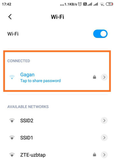 Jaringan WiFi yang terhubung dalam pengaturan WiFi