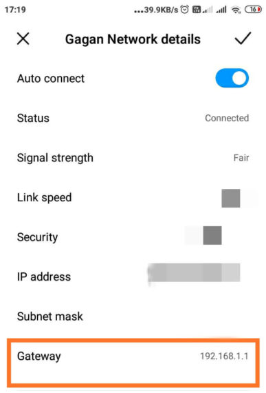 Detail gateway jaringan WiFi dalam pengaturan WiFi