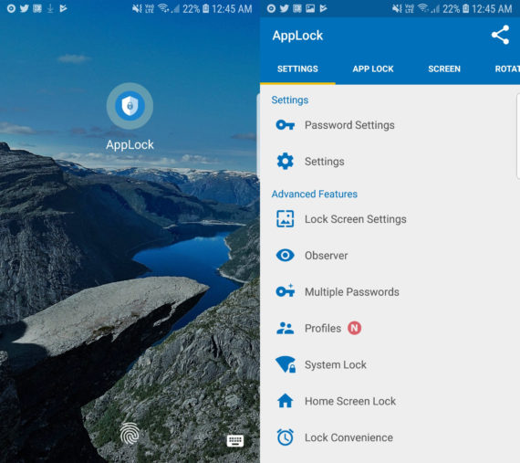 App Lock: sidik jari SpSoft dengan layar kunci di sebelah kiri dan menu utama di sebelah kanan