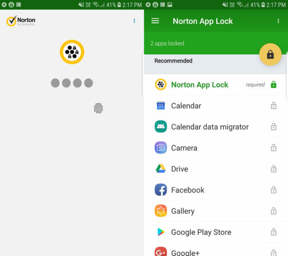 Norton App Lock untuk Android dengan layar kunci di sebelah kiri dan menu utama di sebelah kanan