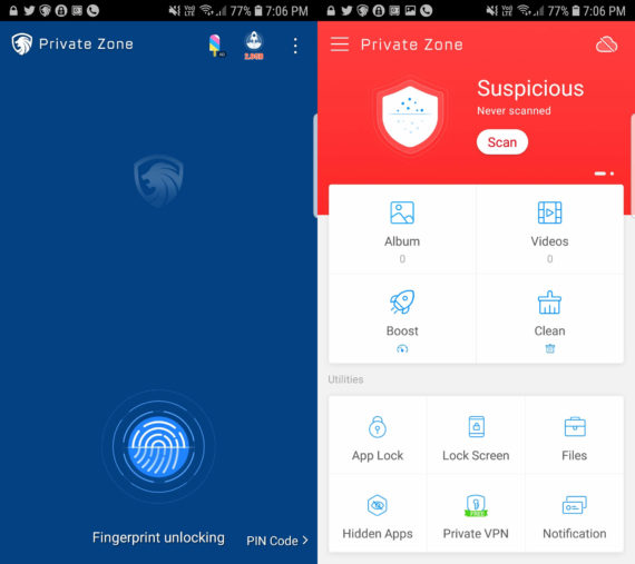 Kunci Aplikasi Zona Pribadi untuk Android dengan layar kunci di kiri dan menu utama di kanan
