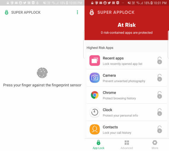 Super App Lock untuk Android dengan layar kunci di sebelah kiri dan menu utama di sebelah kanan