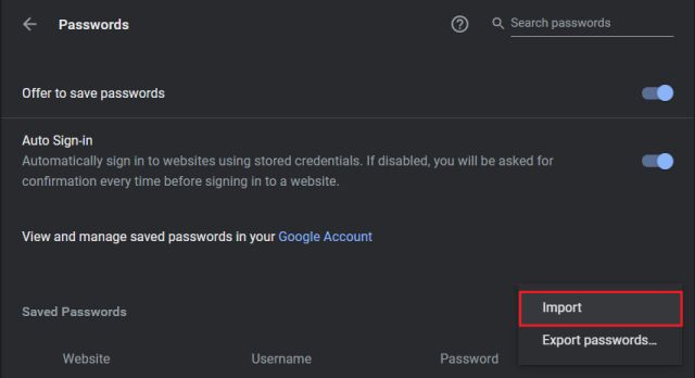 Nhập mật khẩu vào Chrome từ CSV