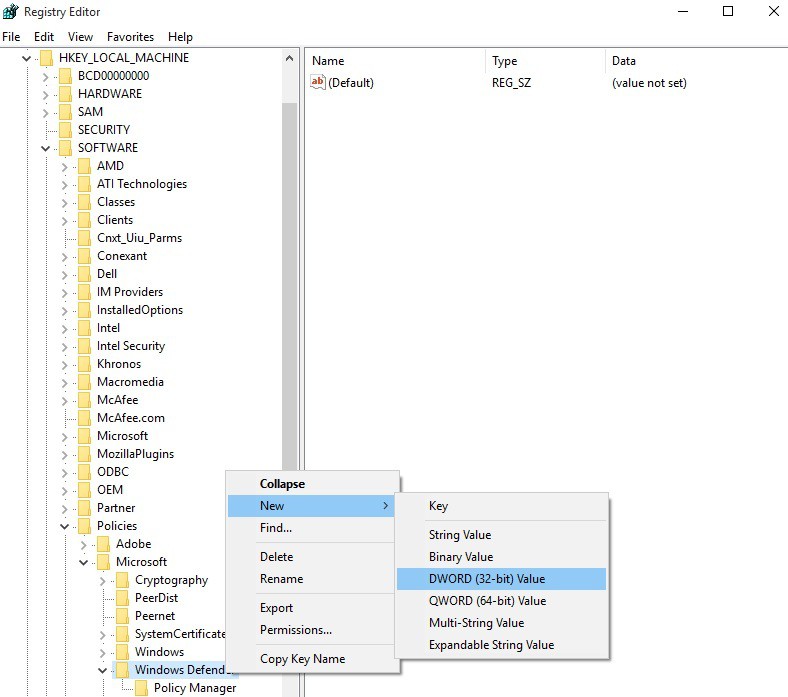 nonaktifkan windows editor registri pembela windows 10