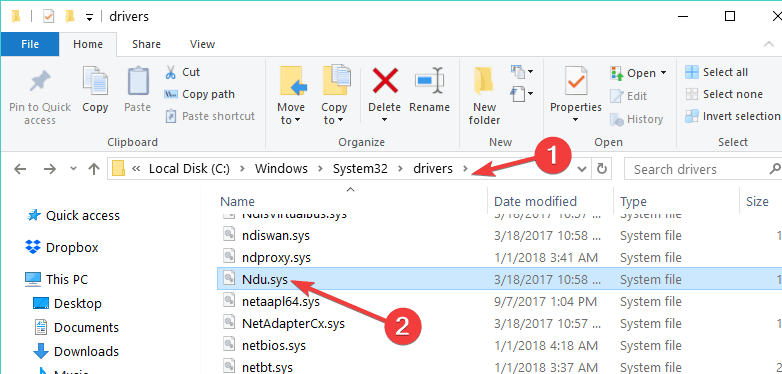 Folder Ndu.sys windows 10