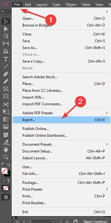 Параметр экспорта файлов InDesign: отсутствуют подключаемые модули Adobe InDesign