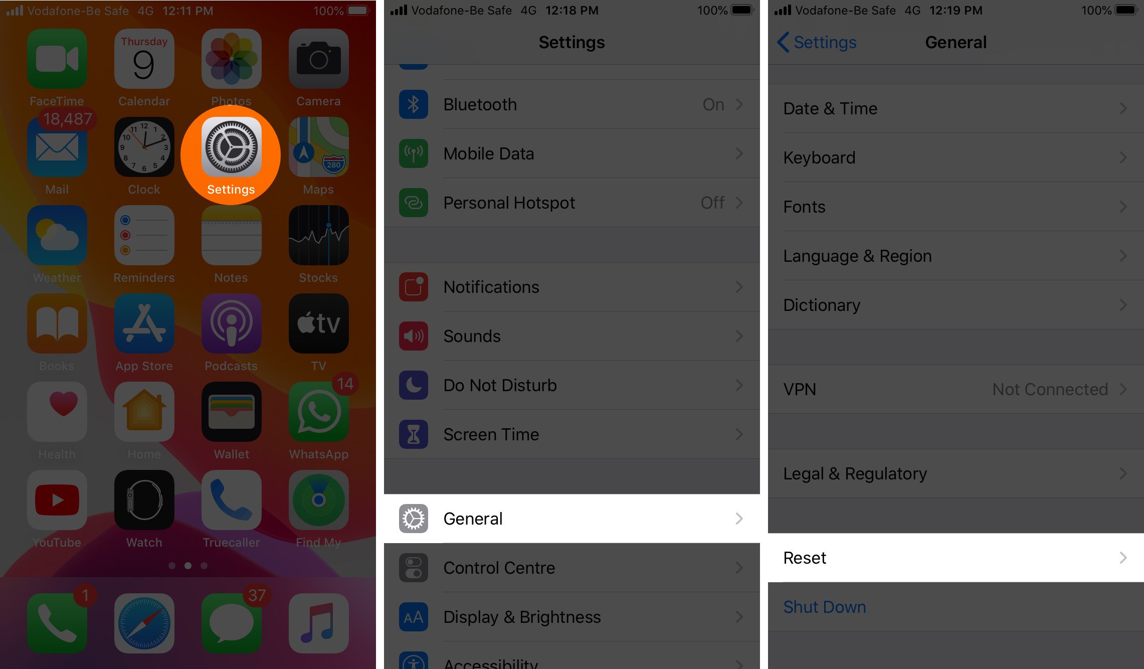 Abra Configuración Toque General y luego toque Restablecer en iPhone