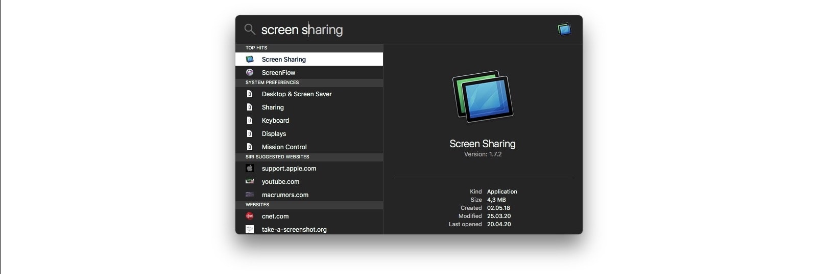 Use Spotlight para abrir la aplicación Compartir pantalla en su Mac. 