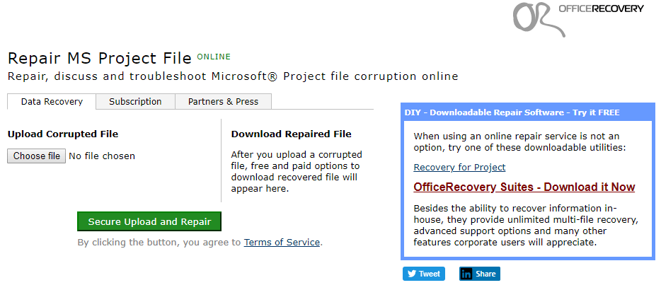 Die Microsoft-Projektseite MS-Projektdatei reparieren öffnet die Datei nicht