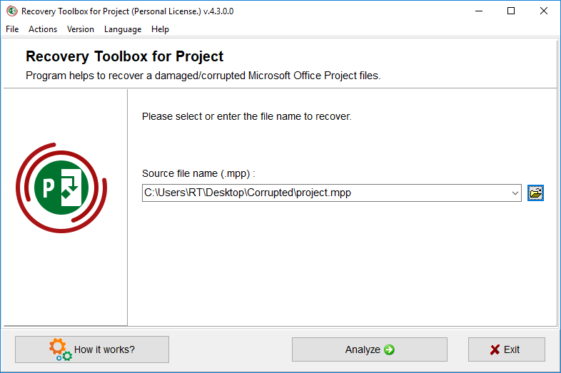 Recovery Toolbox für Project Microsoft Project öffnet die Datei nicht