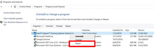 Rätta till fel vid reparation av Intel Optane-minne i Windows 10 3