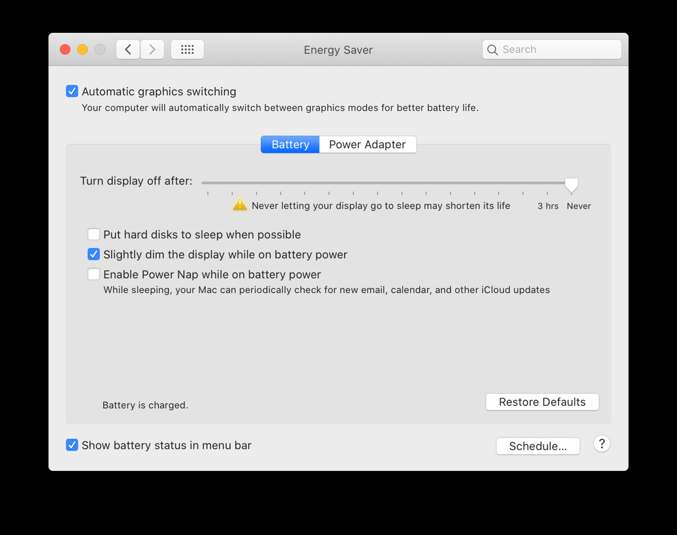 El panel de control Energy Saver antes del segundo macOS 10.15.5 lanzamiento beta