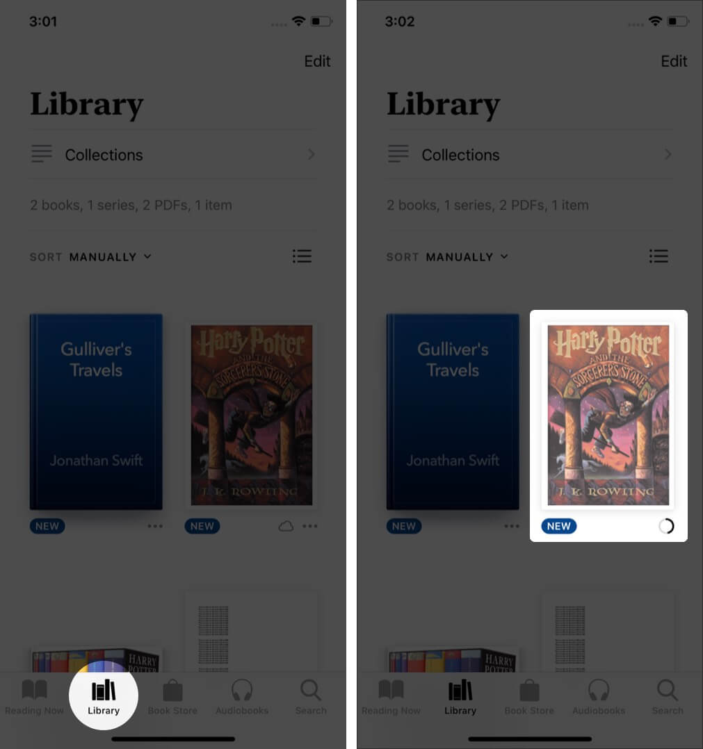 Abra la aplicación de libros, toque en la biblioteca y toque en el libro en la aplicación de libros