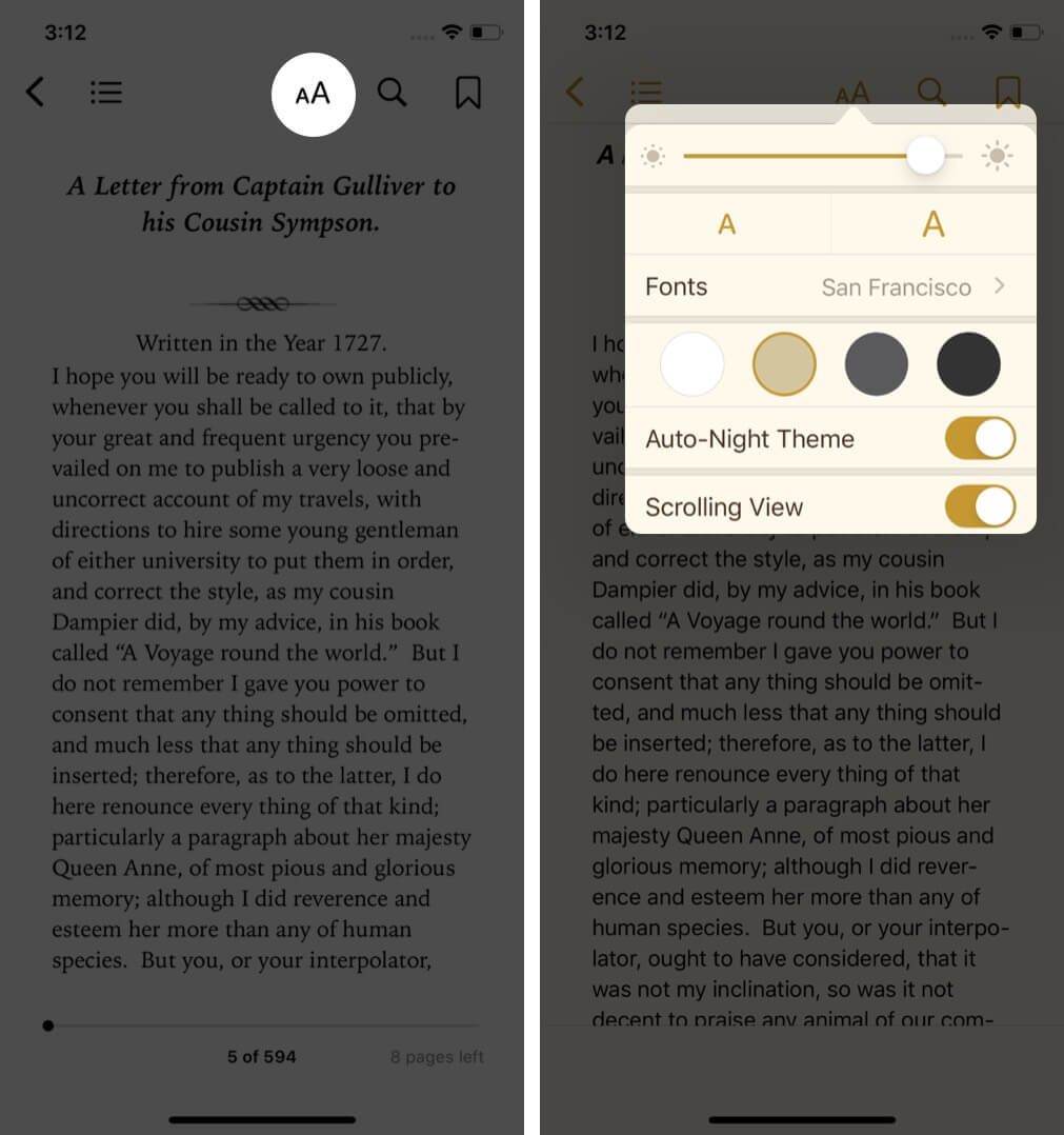 toque aa y cambie las opciones para personalizar la aplicación de lectura en libros en el iphone