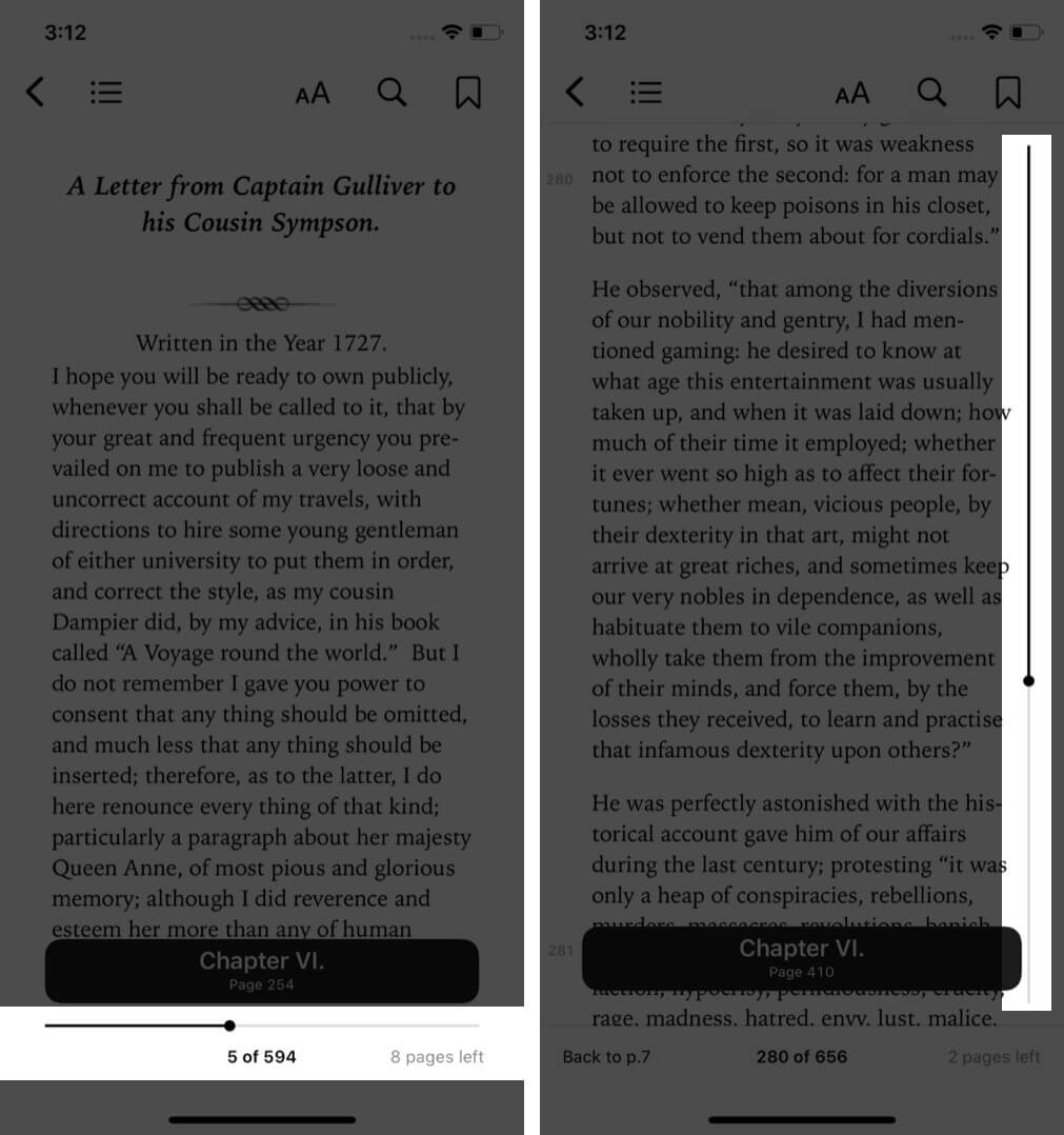 arrastre el control deslizante para ir a un capítulo o página en particular en el libro en el iphone