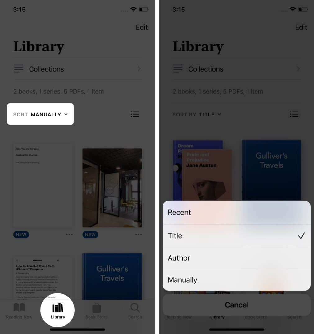 abrir la aplicación de libros, seleccionar la biblioteca, tocar en ordenar y seleccionar la opción para ordenar los libros en el iphone