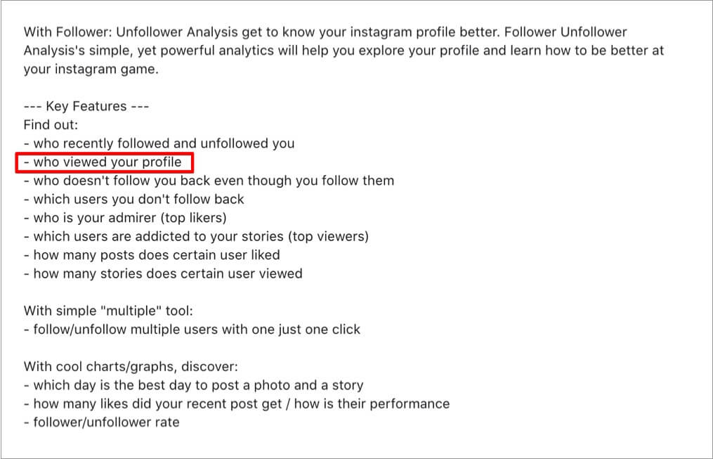 Captura de pantalla de Quién vio: Instagram La aplicación de perfil dice Averiguar - quién te acecha