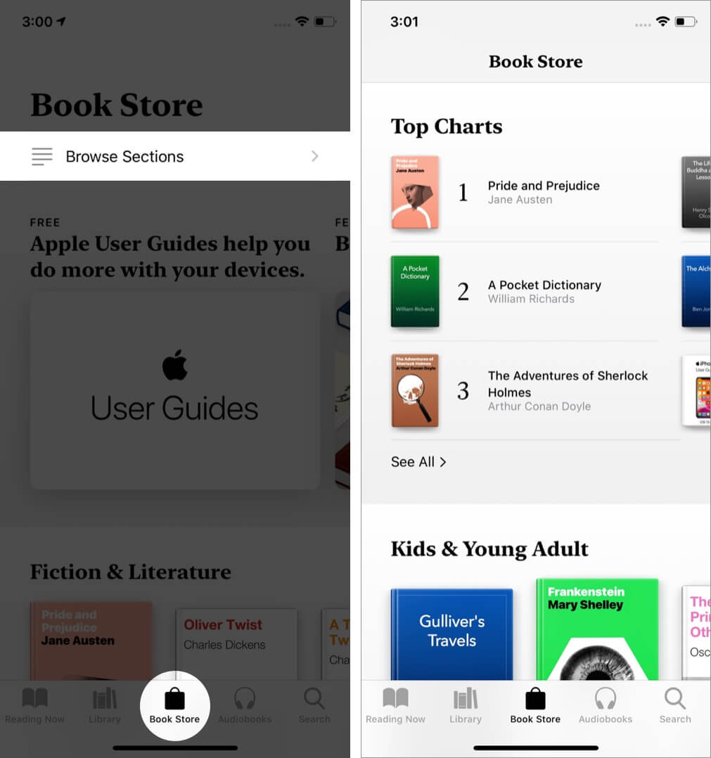 Abra la aplicación de libros, toque la pestaña de la tienda de libros y toque las secciones de exploración en el iphone