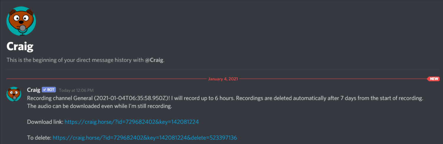 Mensaje de enlaces de grabación de Craig Bot