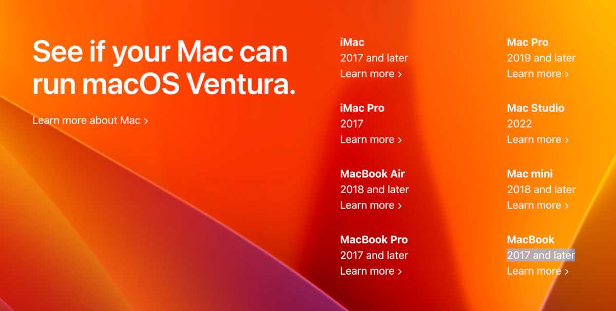 Requisitos del sistema macOS Ventura