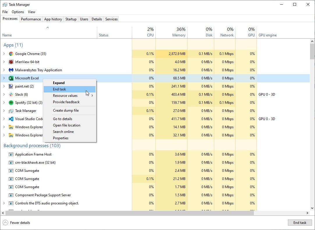 windows 10 opciones de proceso final de la lista de procesos del administrador de tareas