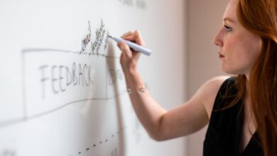 White Woman in black writing on a Whiteboard