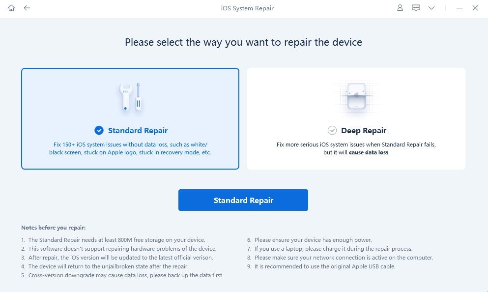 Captura de pantalla del software ReiBoot con opciones para la reparación estándar de iPhone.