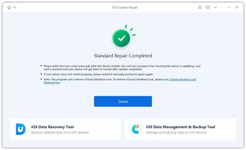 Captura de pantalla del software ReiBoot que muestra el mensaje de reparación completada.