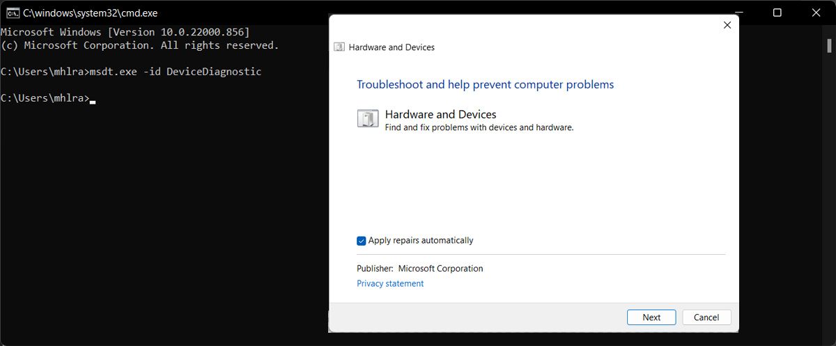 Windows 11 Solucionador de problemas de hardware y dispositivos