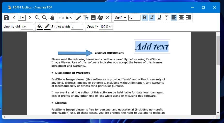 Un cuadro de texto en PDF24 Toolbox