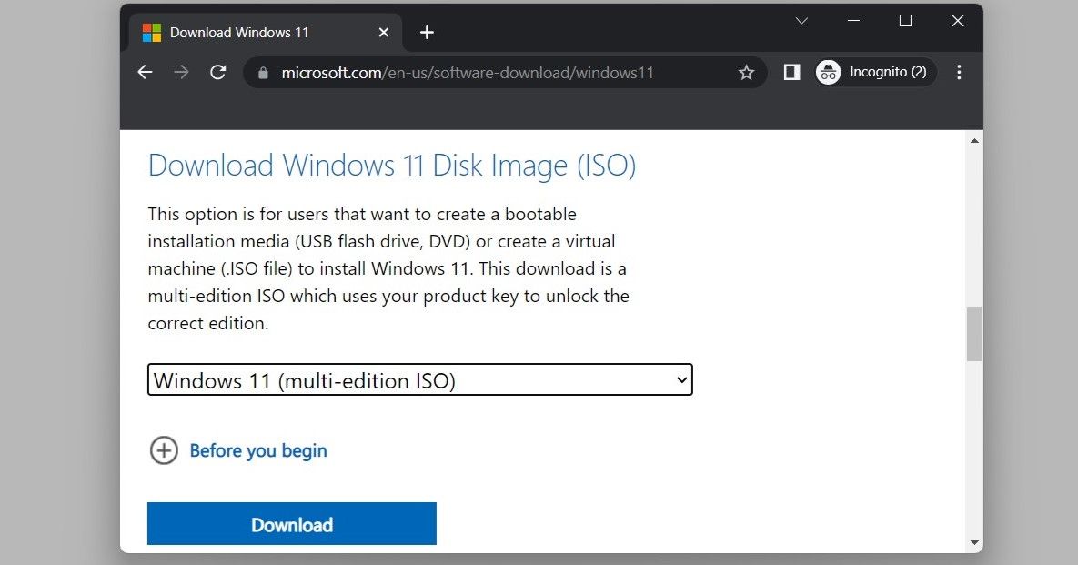 Descargar Windows 11 ISO Archivo de la página de soporte de Microsoft