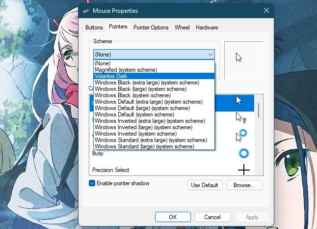 Menú Propiedades del mouse en Windows 11