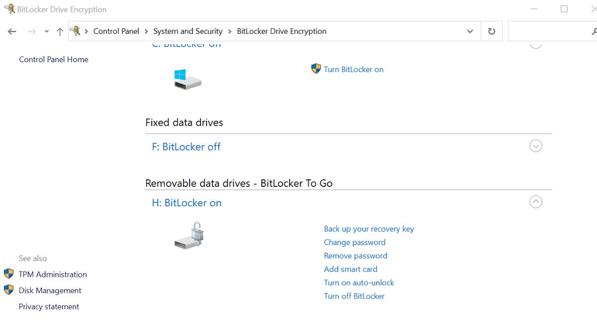 La pantalla del Administrador de BitLocker en Windows 10