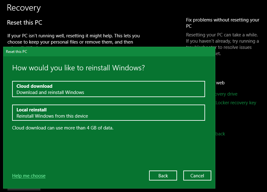 Windows  10 Opción de reinstalación en la nube