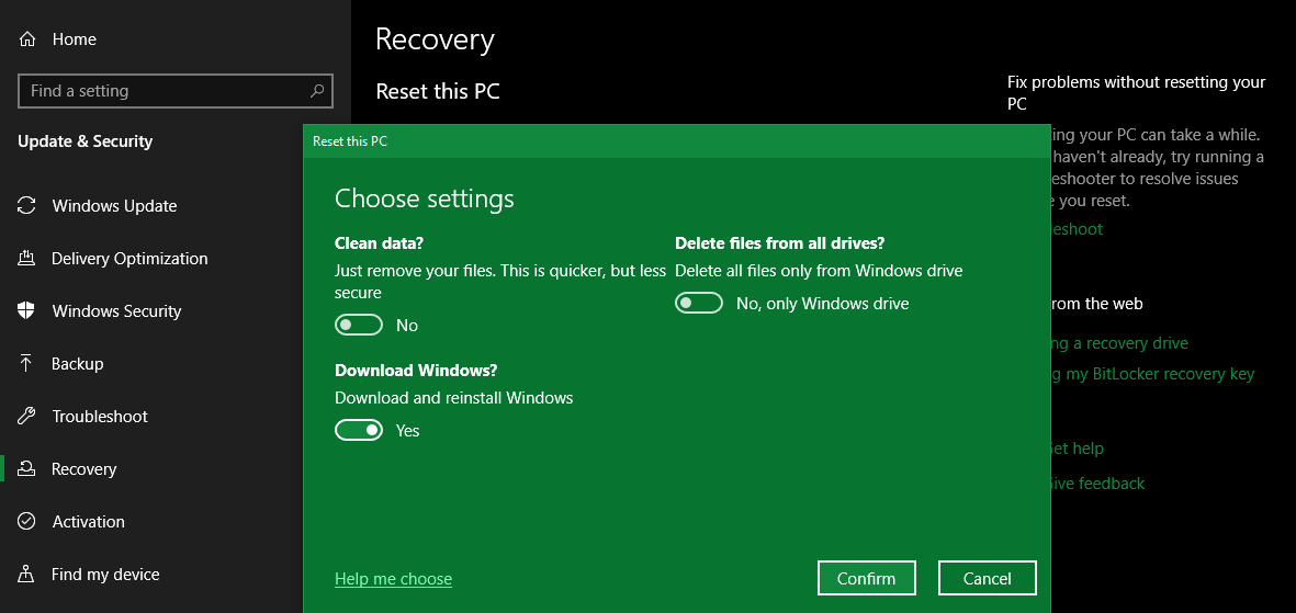 Windows  10 Restablecer opciones de PC