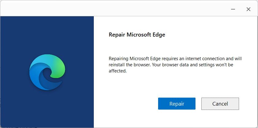 Ventana para reparar Edge en Windows 11.