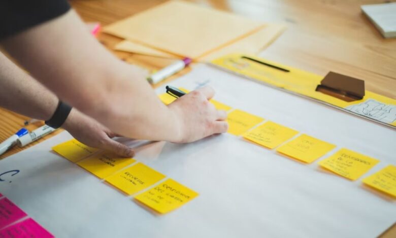 person writing on yellow and pink sticky notes attached to white board