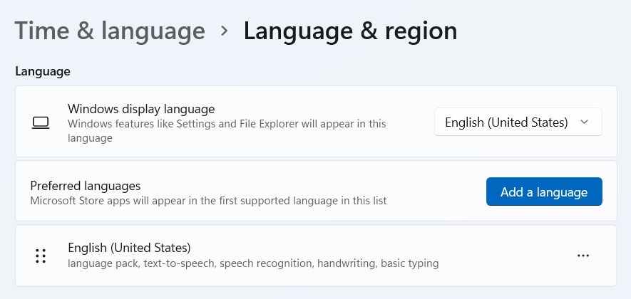 la sección de idioma de la configuración de idioma y región windows