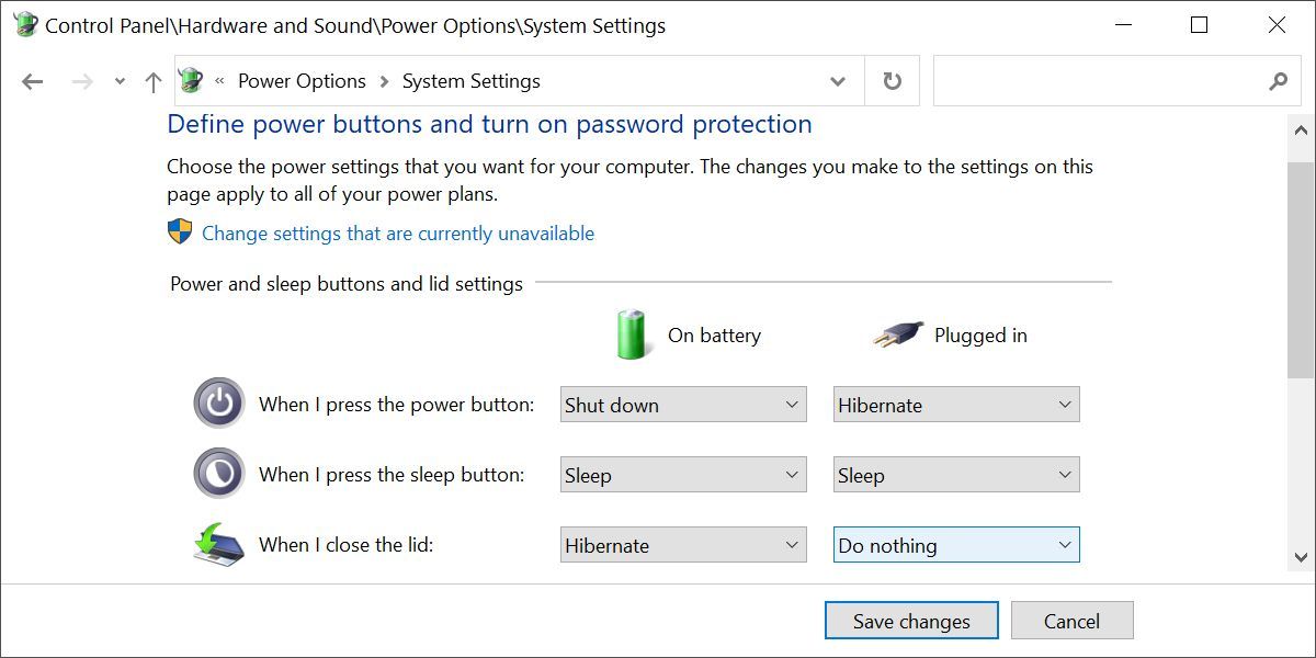 Configure su computadora portátil para que no haga nada al cerrar la tapa en el Windows 10 Opciones de energía del panel de control.