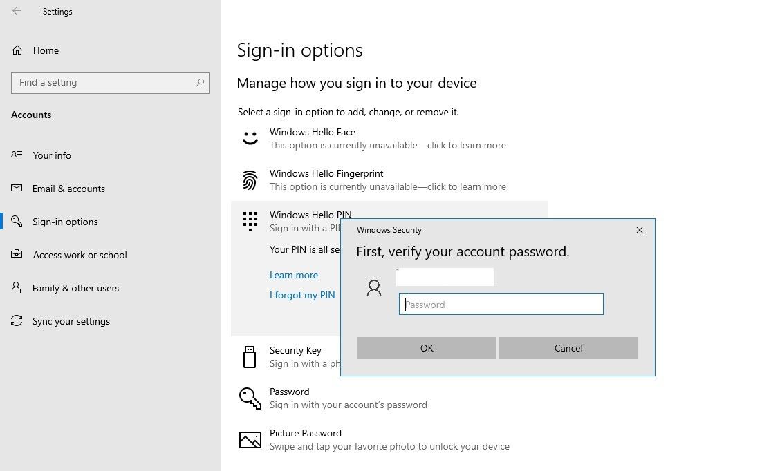 eliminando Windows Hola PIN en Windows 10 Configuración de la aplicación