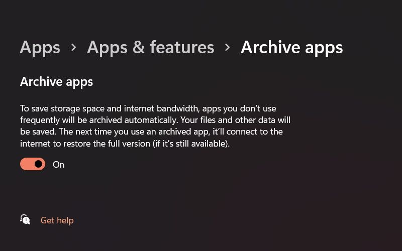 La característica de la aplicación Archivar en Windows 11  encendido.